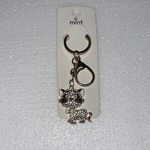 Mint Gold and White Crystal Cat Keychain